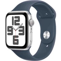 Apple Watch SE 2 44 мм (алюминиевый корпус, серебристый/грозовой синий, спортивный силиконовый ремешок S/M) Image #1