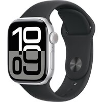 Apple Watch Series 10 42 мм (алюминиевый корпус, серебристый/черный, спортивный силиконовый ремешок S/M) Image #1